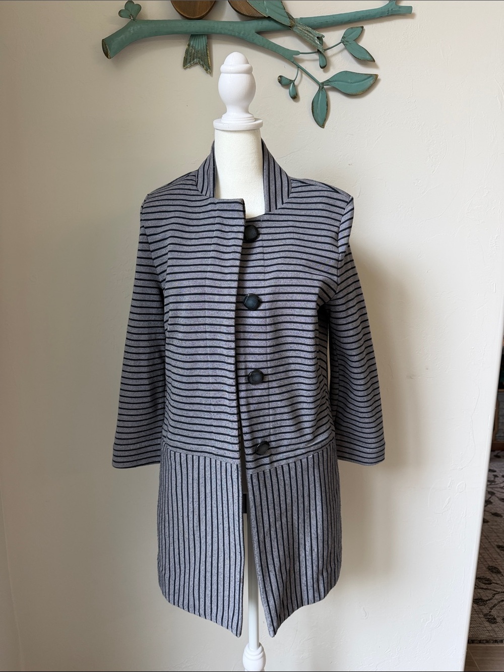 Cabi Dappled Striped Car Coat in Navy and Gray